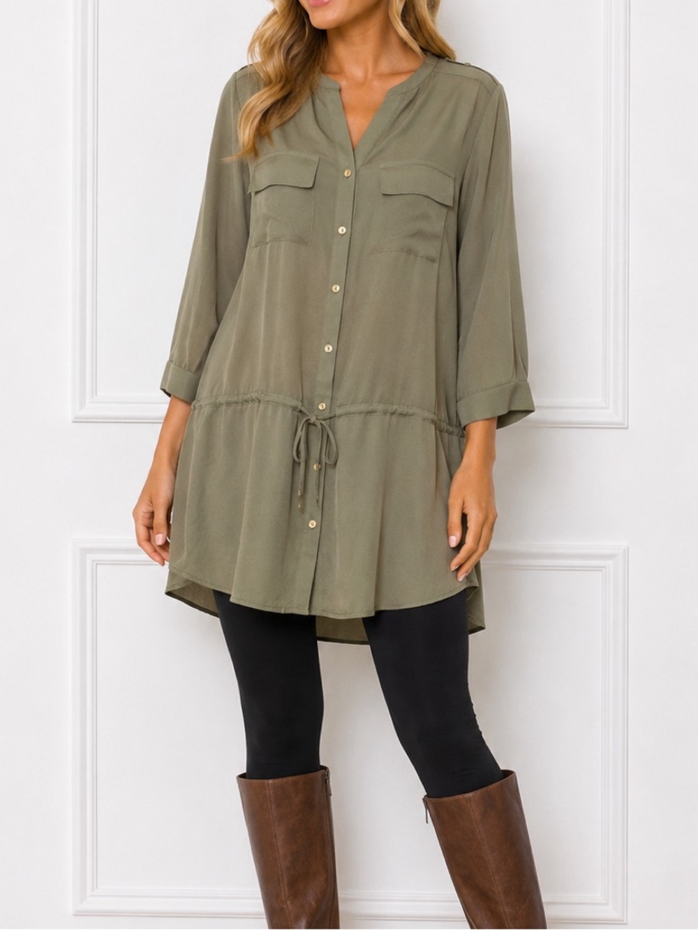 The Limited NWT 3/4 Sleeves Dropped Drawstring Waist Tunic Blouse in olive green